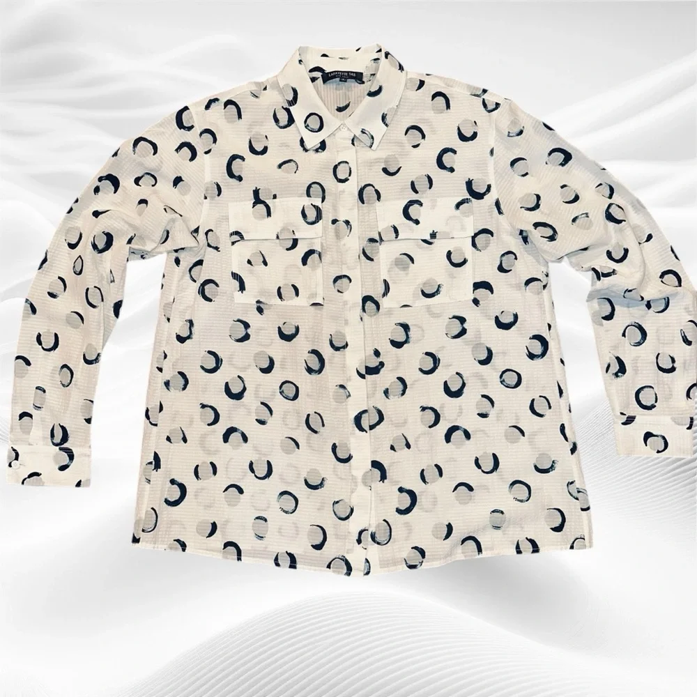 Lafayette 148 New York Zora Silk Long Sleeve Blouse, Button front S Cream Navy - Picture 3 of 8